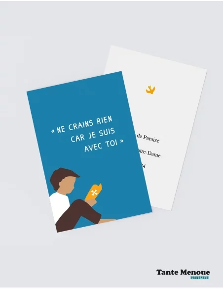 4 Cartes de Communion COLOR Bleu "Ne crains rien" Garçon peau mate (Personnalisable) - à imprimer