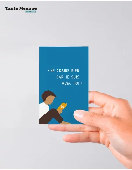 4 Cartes de Communion COLOR Bleu "Ne crains rien" Garçon peau mate (Personnalisable) - à imprimer