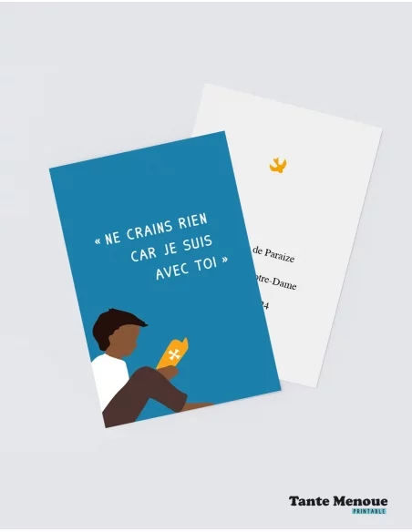 4 Cartes de Communion COLOR Bleu "Ne crains rien" Garçon peau foncée (Personnalisable) - à imprimer