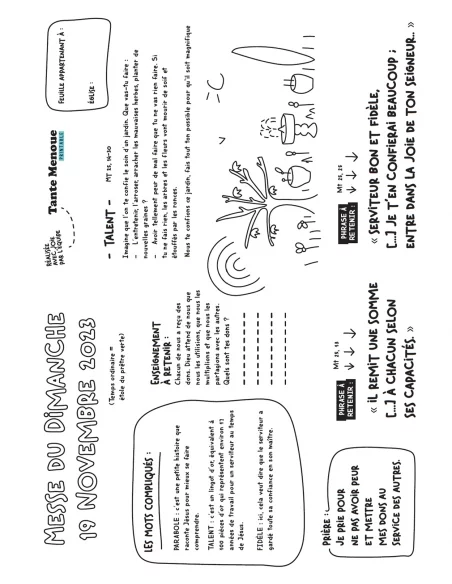 Feuille de messe du 19 novembre 2023 (Mt 25, 14-15.19-21) ! PDF