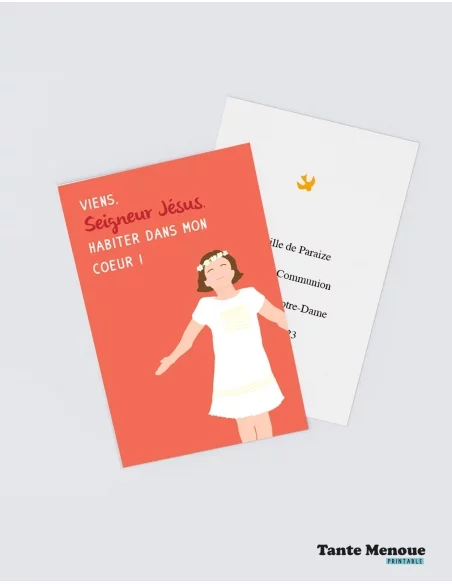 4 Cartes de Communion COLOR Orange "Viens habiter dans mon cœur" Fille peau claire (Personnalisable) - à imprimer