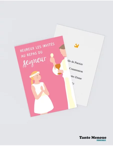 4 Cartes de Communion COLOR Rose "Heureux les invités" Fille (Personnalisable) peau claire
