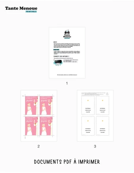 4 Cartes de Communion COLOR Rose "Heureux les invités" Fille (Personnalisable) peau claire