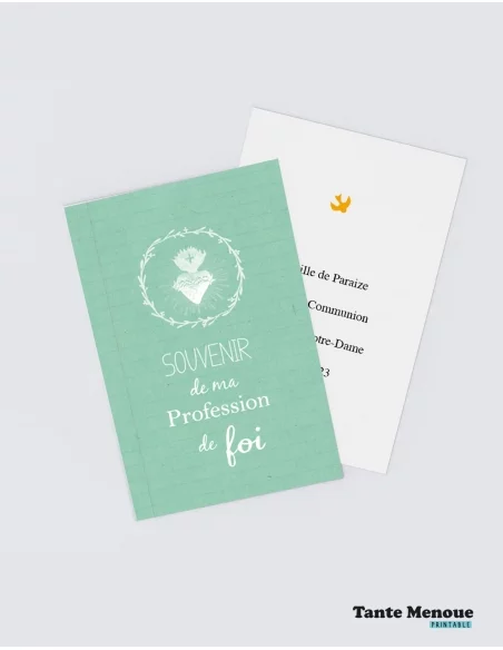 4 Cartes de Profession de foi "Souvenir" Vert (Personnalisable) - à imprimer