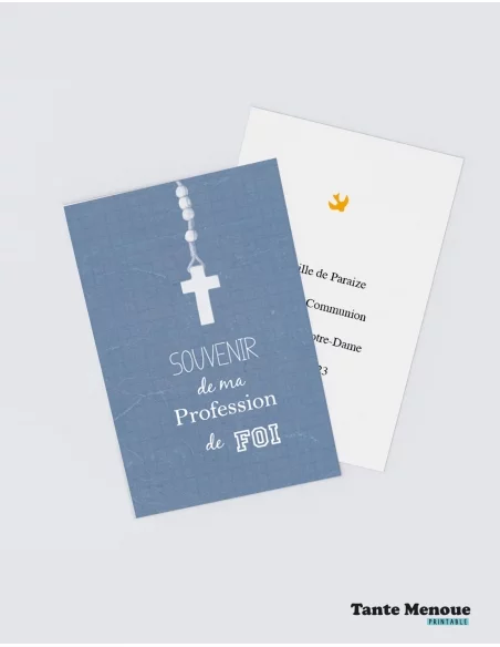 4 Cartes de Profession de foi "Souvenir" Bleu (Personnalisable) - à imprimer