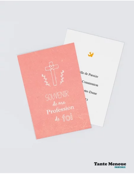 4 Cartes de Profession de foi "Souvenir" Rose (Personnalisable) - à imprimer
