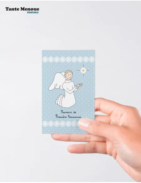 4 Cartes de Communion " Souvenir de première communion" bleu (Personnalisable) - à imprimer