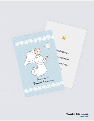4 Cartes de Communion " Souvenir de première communion" bleu  (Personnalisable) - à imprimer