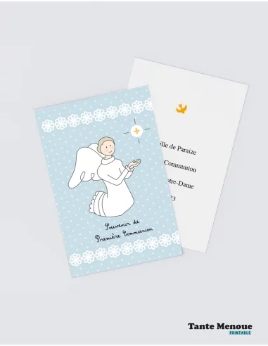 4 Cartes de Communion " Souvenir de première communion" bleu (Personnalisable) - à imprimer