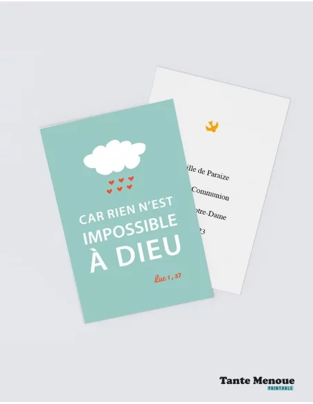 4 Cartes BONNE NOUVELLE "Car rien n'est impossible à Dieu" (Personnalisable) - à imprimer