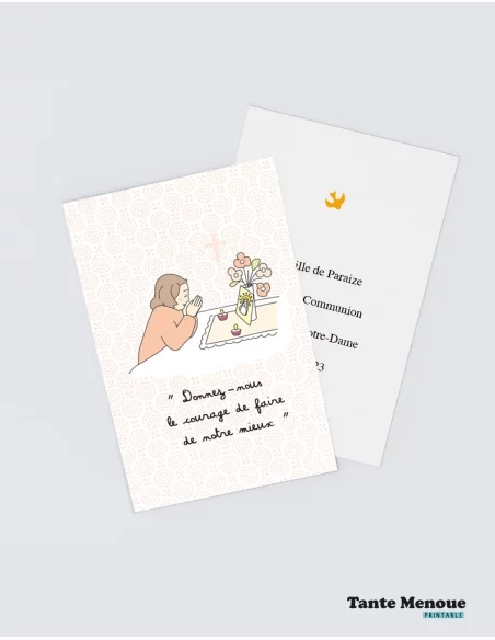 4 Cartes "Petite prière" Fille peau claire (Personnalisable) - à imprimer