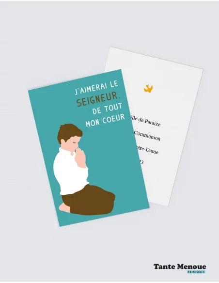 4 Cartes de Communion COLOR Bleu "J'aimerai le Seigneur" Garçon peau claire (Personnalisable) - à imprimer