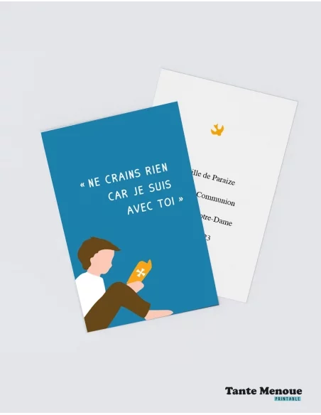 4 Cartes de Communion COLOR Bleu "Ne crains rien" Garçon peau claire (Personnalisable) - à imprimer