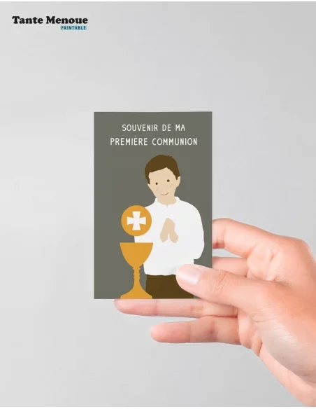 4 Cartes de Communion COLOR Taupe "Ma première communion" Garçon peau claire (Personnalisable) - à imprimer