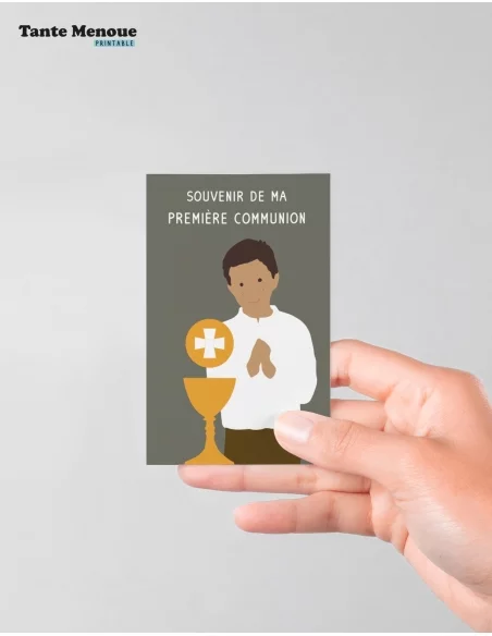 4 Cartes de Communion COLOR Taupe "Ma première communion" Garçon peau mate (Personnalisable) - à imprimer