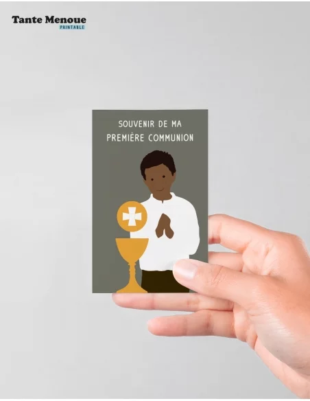 4 Cartes de Communion COLOR Taupe "Ma première communion" Garçon peau foncée (Personnalisable) - à imprimer