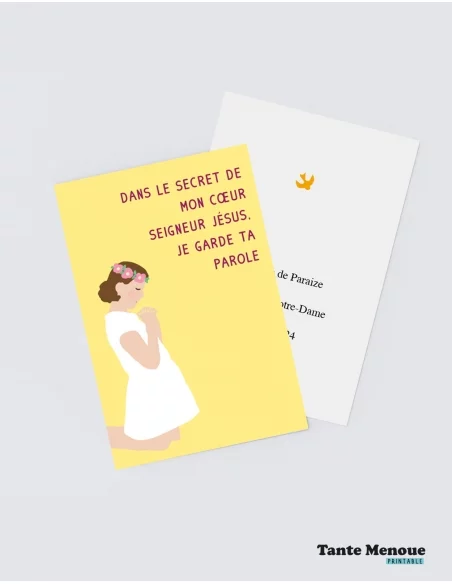 4 Cartes de Communion COLOR Jaune "Dans le secret de mon cœur" Fille peau claire (Personnalisable) - à imprimer