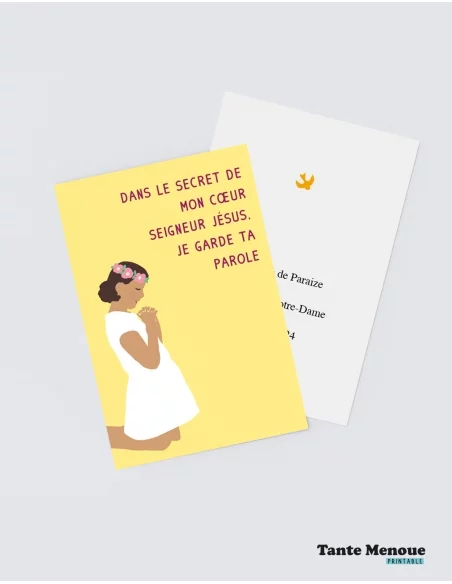 4 Cartes de Communion COLOR Jaune "Dans le secret de mon cœur" Fille peau mate (Personnalisable) - à imprimer