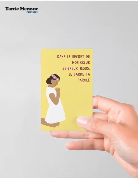 4 Cartes de Communion COLOR Jaune "Dans le secret de mon cœur" Fille peau mate (Personnalisable) - à imprimer