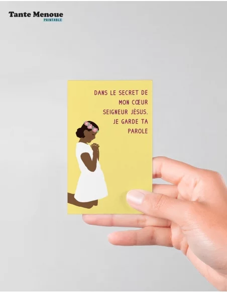 4 Cartes de Communion COLOR Jaune "Dans le secret de mon cœur" Fille peau foncée (Personnalisable) - à imprimer