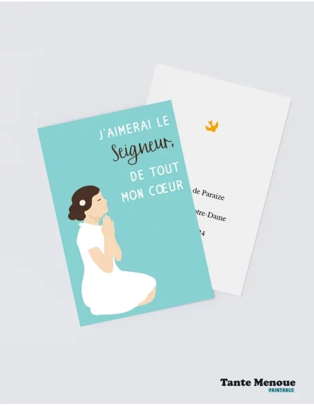 4 Cartes de Communion COLOR Bleu "J'aimerai le Seigneur" Fille peau claire (Personnalisable) - à imprimer