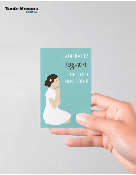 4 Cartes de Communion COLOR Bleu "J'aimerai le Seigneur" Fille peau claire (Personnalisable) - à imprimer