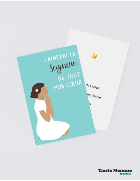 4 Cartes de Communion COLOR Bleu "J'aimerai le Seigneur" Fille peau mate (Personnalisable) - à imprimer