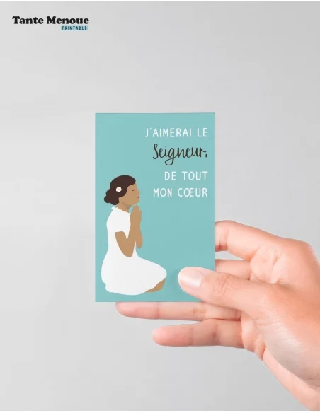 4 Cartes de Communion COLOR Bleu "J'aimerai le Seigneur" Fille peau mate (Personnalisable) - à imprimer