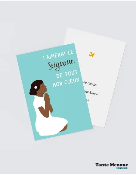4 Cartes de Communion COLOR Bleu "J'aimerai le Seigneur" Fille peau foncée (Personnalisable) - à imprimer