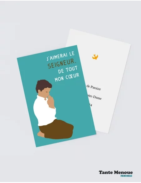 4 Cartes de Communion COLOR Bleu "J'aimerai le Seigneur" Garçon peau mate (Personnalisable) - à imprimer