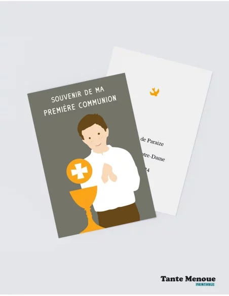 4 Cartes de Communion COLOR Taupe "Ma première communion" Garçon peau claire (Personnalisable) - à imprimer