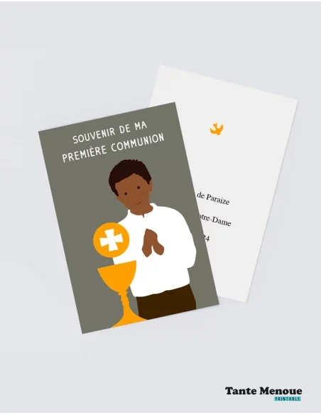 4 Cartes de Communion COLOR Taupe "Ma première communion" Garçon peau foncée (Personnalisable) - à imprimer