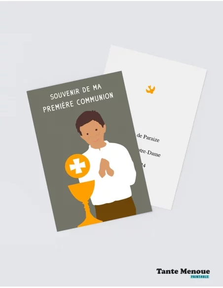 4 Cartes de Communion COLOR Taupe "Ma première communion" Garçon peau mate (Personnalisable) - à imprimer