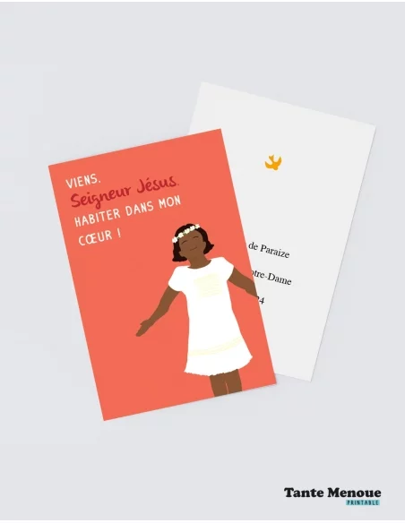 4 Cartes de Communion COLOR Orange "Viens habiter dans mon cœur" Fille peau foncée (Personnalisable) - à imprimer