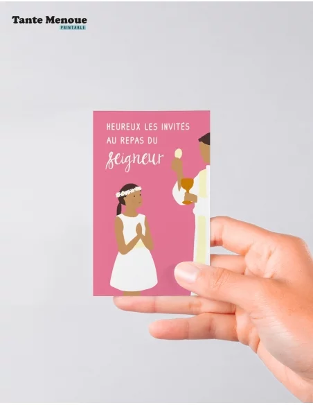 4 Cartes de Communion COLOR Rose "Heureux les invités" Fille (Personnalisable) peau mate