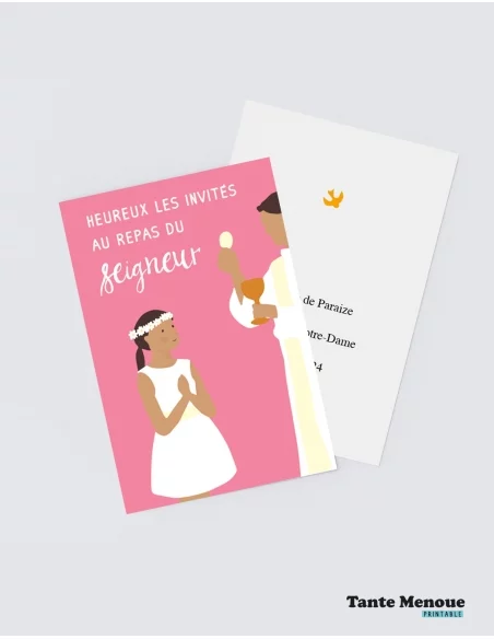 4 Cartes de Communion COLOR Rose "Heureux les invités" Fille (Personnalisable) peau mate