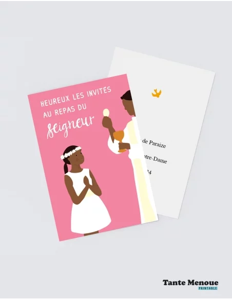 4 Cartes de Communion COLOR Rose "Heureux les invités" Fille (Personnalisable) peau foncée