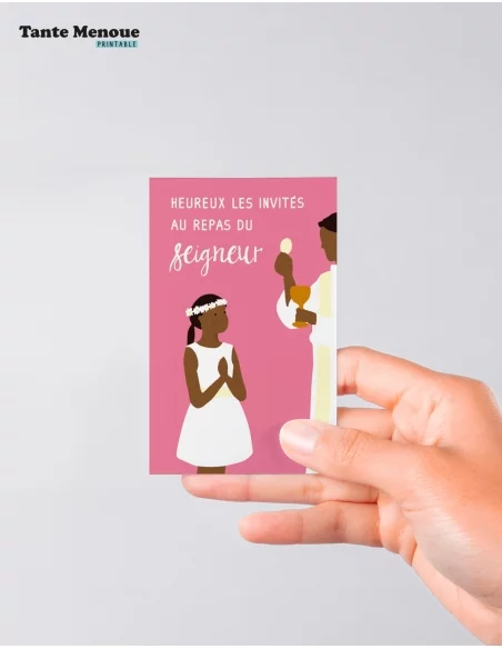 4 Cartes de Communion COLOR Rose "Heureux les invités" Fille (Personnalisable) peau foncée