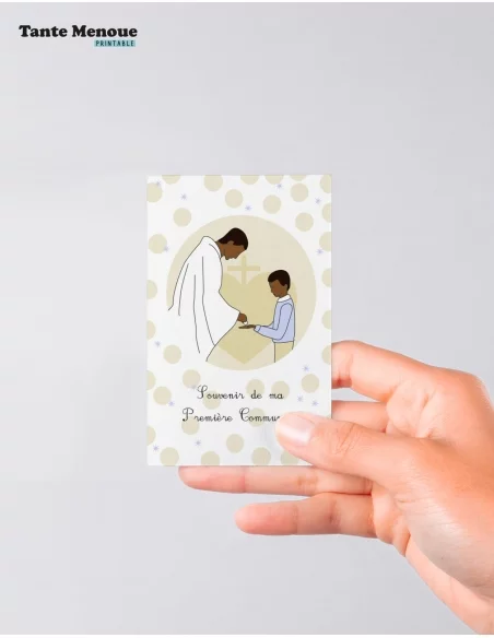 4 Cartes de "Communion Garçon" peau foncée (Personnalisable) - à imprimer